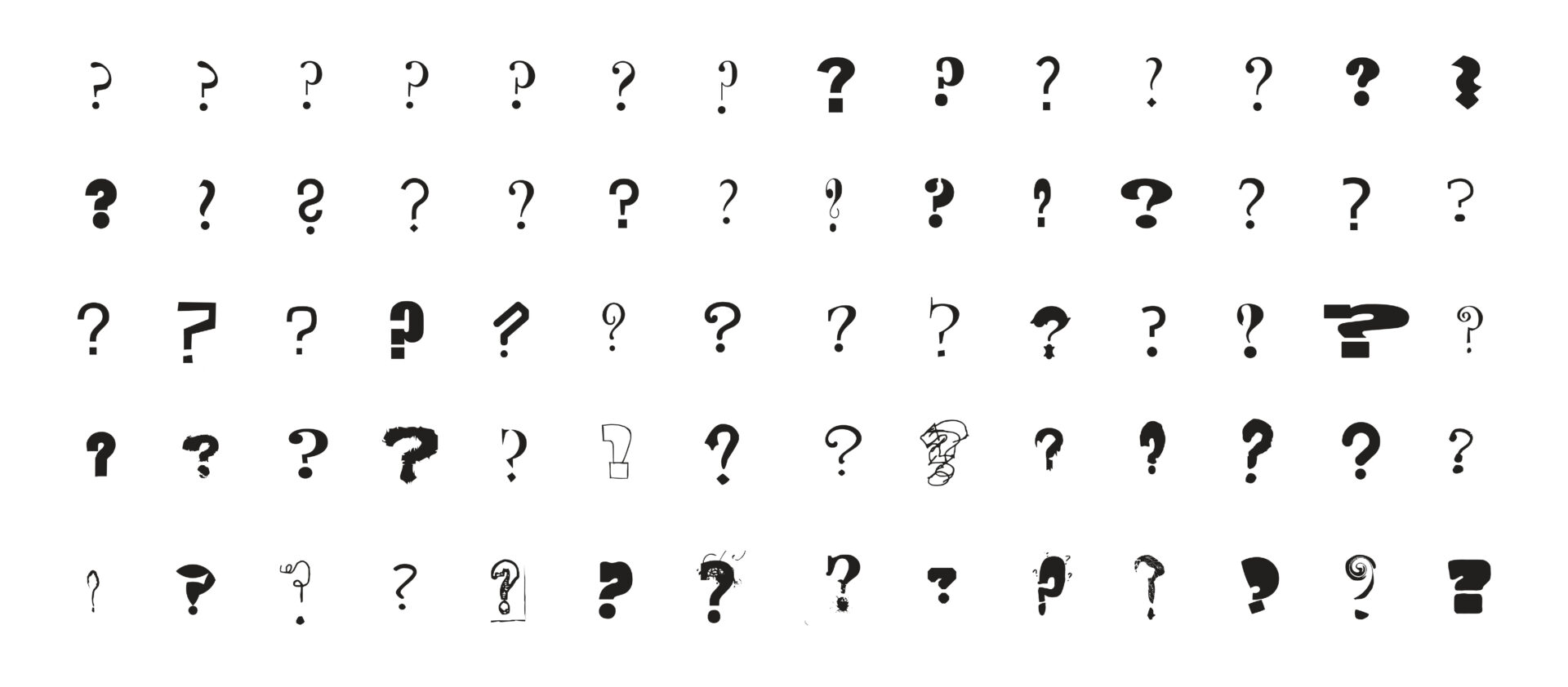 Chronicle order of various questions marks from dozens of different fonts through the decades and centuries, designed by Pallor Publishing.