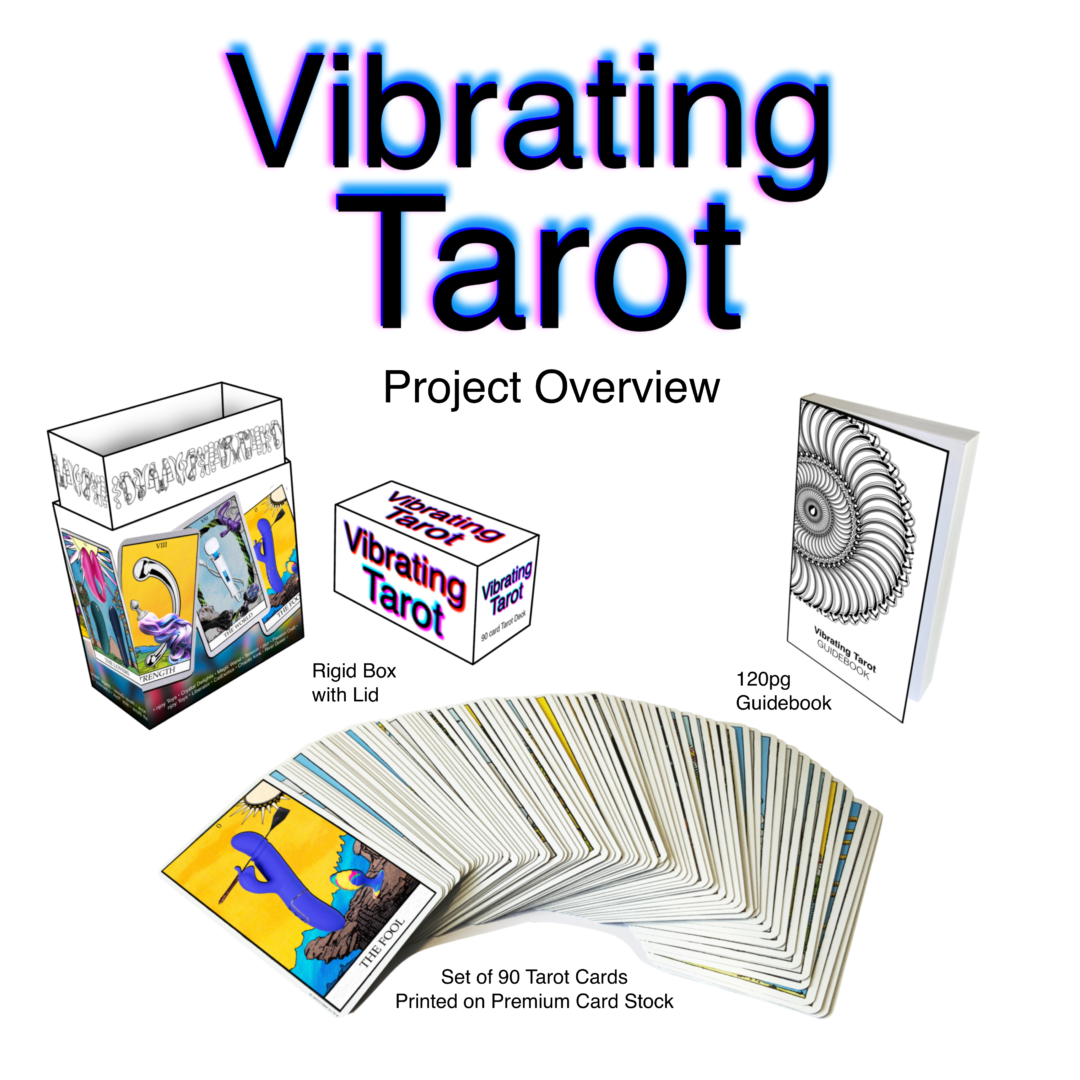 An overview of Vibrating Tarot, cards, a booklet, and a box.