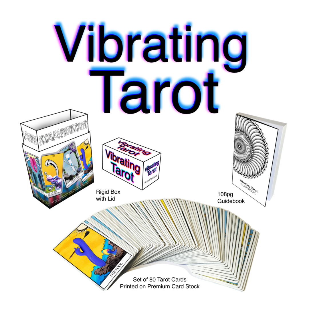 A display showing an 80 card Tarot deck with booklet and box.